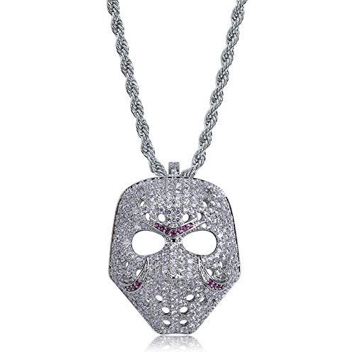 TOPGRILLZ 14K Gold Plated Iced Out CZ Simulated Diamond Mask Pendant Necklace Chain s for Men Hip Hop Jewelry (Silver)
