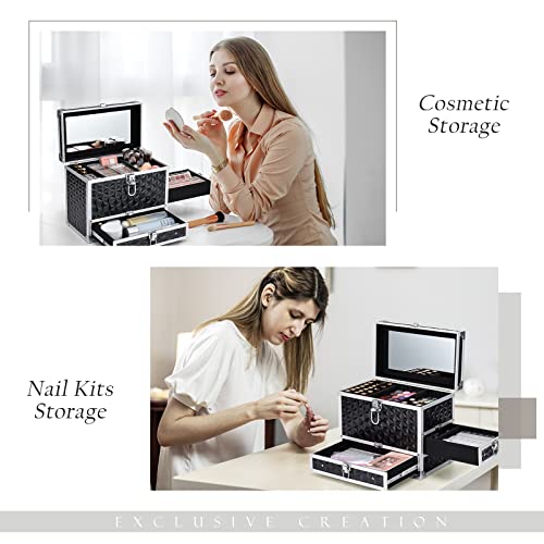 Costravio Makeup Train Case Professional Black Makeup Box Cosmetic Storage Organizer Portable Cosmetology Case Lockable Nail Box With Adjustable Tray, 2 Drawers & Large Mirror For Makeup Kits &Tools #TOP6