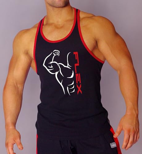Men's Black with Red Trim Bodybuilding Tank Top, Y-Back, Gym Fitness, Workout Training, Tank Top with Flex Design2