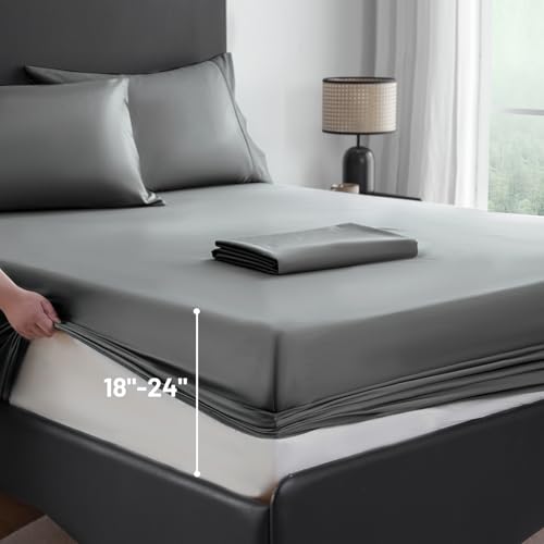 MEISHANG Extra Deep Pocket Queen Sheets Cotton - 1000 Thread Count Sheets - Fits 18"-24" in Deep Mattress,100% Egyptian Cotton,Sateen Weave, Soft & Breathable - 4 Piece (Queen, Dark Grey)