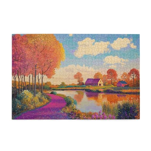 MA6GE8DE 1000 Piece Vibrant Jigsaw Puzzle Riverside Village,Ideal for Relaxation and Family Fun,Oil Painting Style Rustic Landscape Wooden Puzzles,Unique and Beautiful Design,Stunning Artwork -  AC FJ Puzzle-4584