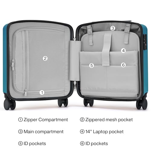 Image of Hanke 16 Inch Underseat Small Carry On Luggage, Hard Shell with TSA Lock | PC Hard Shell, 14 inch Padded Laptop Pocket, Multi-Compartment, 8 Spinner Wheels, Lightweight, Short Trip