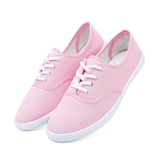 Image of Womens White Canvas Sneakers Lightweight Lace Up Fashion Comfortable Canvas Shoes Low Top Slip On Casual Tennis Walking Shoes Women Footwear