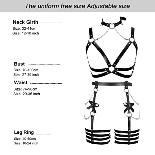 BANSSGOTH Arnês feminino de couro, corrente corporal, laço, lingerie, cinta-liga, conjunto vazado, r
