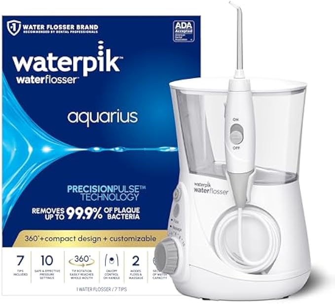 Waterpik Aquarius Water Flosser Professional For Teeth, Gums, Braces, Dental Care, Electric Power With 10 Settings, 7 Tips For Multiple Users And Needs, ADA Accepted, White WP-660, Packaging May Vary