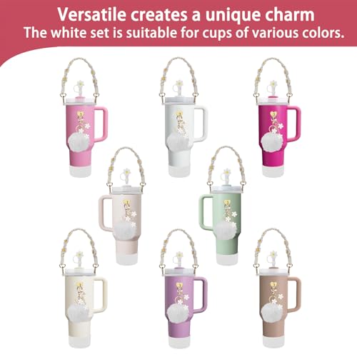 3tyto Stanley Cup Accessories Set Including 1 Pcs Water Bottle Handle Strap, 1 Pcs Siliocne Stanley Cup Boot, 1 Pcs Siliocne Straw Cover, 2 Pcs Stanley Charms for Stanley Cup 40 & 30oz Tumbler(White)