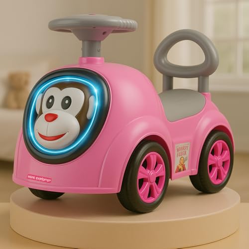 Image of MiniExplorer Monkey Ride-On Toy Car for Kids | Push Ride Car with Music, Horn, Backrest, Safety Guard, Under Seat Storage & Big Wheels | Baby Ride-On for 1-3 Years Boys & Girls - Pink