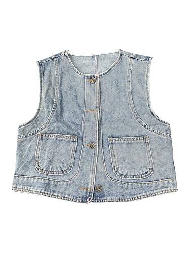 Veste en jean femme courte sans manches col rond style western Allegra K