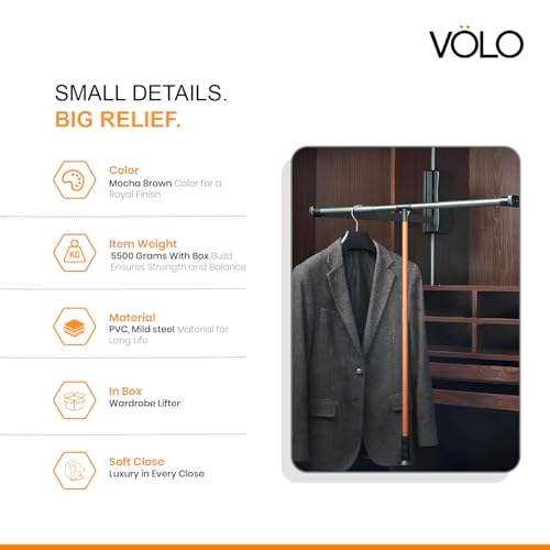 Image of VOLO Soft Close Pull Down Closet Rod - Adjustable Wardrobe Lifter Rail (920-1240mm), Aluminium Retractable Hanger with Smooth Hydraulic Lift, Space Saving Wardrobe Organizer, 15kg Load Capacity
