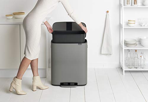 Image of Brabantia Bo Step-On Kitchen Trash Can with Single Compartment | Mineral Gray | 16 Gal Inner Bucket | Soft-Close Garbage Can, Light Pedal Operation, Stay-Open Lid | Fits Against Wall | + Trash Bags
