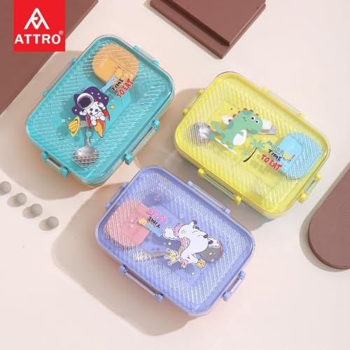 Image of ATTRO Monark Astro Themed Kids Lunch Box with Inner Steel 3 Compartment 1 Small Container, 1 Spoon & Separate Internal Lid Leakproof- 750ml+70ml Blue