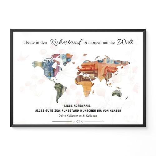 Personalisiertes Geldgeschenk zum Ruhestand | Kreative Möglichkeit zum Geldverschenken im DIN A4 Format | Mit hochwertigem A4-Bilderrahmen (Weltkarte 2)