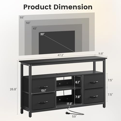 Haewon Black TV Stand with LED Lights and Power Outlets, Entertainment Center for 55 inch TV, Media Console Table with 4 Fabric Drawers and Open Shelf for Living Room, Wood Top and Metal Frame - Image 4