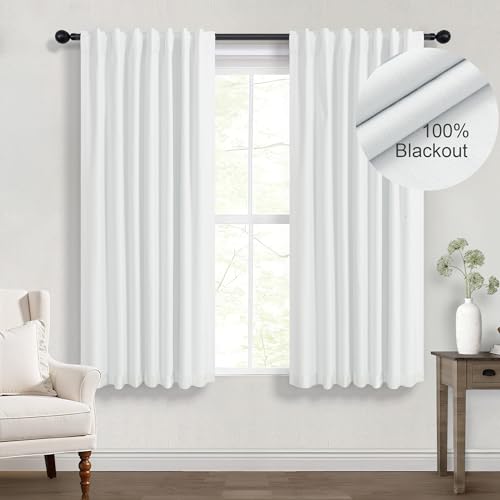 White Blackout Kitchen Curtains 45 Inch Length for Small Window Bedroom Cute Cottage Short Flax Linen Curtain 2 Panel Sets Heat Blocking Insulated Thermal Cafe Drapes Rod Pocket Back Tab 52 x 45 Long