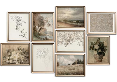 9Pcs Vintage Neutral Gallery Wall Art Set Rustic Landscape Floral Canvas Prints French Country Wall Decor Painting Farmhouse Aesthetic Pictures for Living Room Bedroom 8x10in Unframed Posters