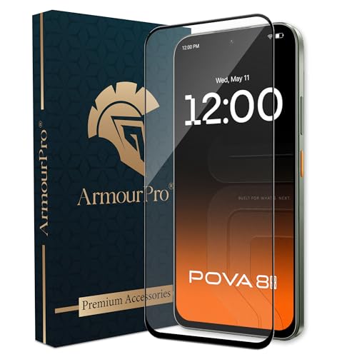 Image of ArmourPro Tempered Glass for Tecno Pova 8-9H Screen Protector with Black Border, Anti Scratch, Edge-to-Edge Coverage, HD Clarity, Smooth Touch, Case Friendly | Black