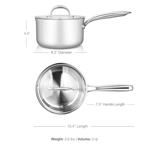 Image of KEAWELL K3 Premium Tri-Ply Fully Clad Saucepan with Lid (3-Qt) | Tri-Ply Fully Clad Stainless Steel Saucepan; Small Pot with Lid; Even Heating; Induction and Oven Safe; For All Stovetops