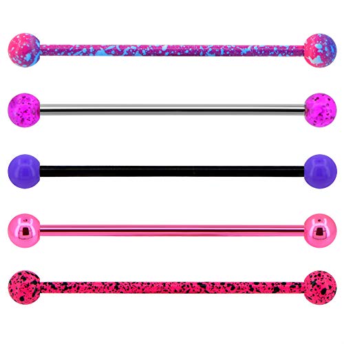 Jewseen 5PCS Pink Purple Acrylic Balls Industrial Barbell Splatter 316L Stainless Steel Bar Industrial Rings Piercing Body Jewelry