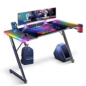 IMGadgets Gaming Desk with LED | 47″x 23″ Gaming Table | Gaming Desk Mat, Mousepad | Carbon Fiber Desk for Gaming | Z Shaped Gaming Setup Desk | Built-in RBG Lights, Cable Management, Cup Holder