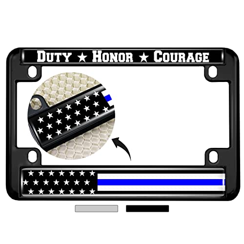 Motorcycle Metal License Plate Frame With Duty Honor Courage Thin Blue Line (Stripe) Usa Flag Design - Black #TOP26