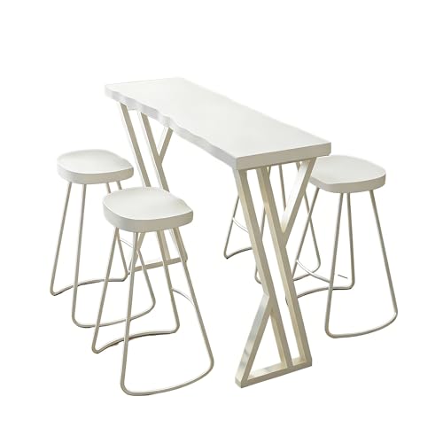 CMYAOYC Juego de Mesa de Bar con Patas en X - Mesa de Comedor de Altura de Mostrador para 4 Personas con 4 Taburetes, Encimera de Madera Maciza & Marco Metálico(White,180cm)