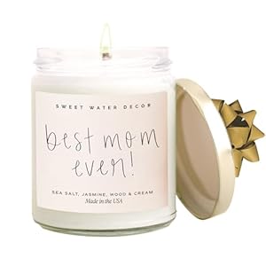 Sweet Water Decor, Best Mom Ever, Sea Salt, Jasmine, Cream, and Wood Scented Soy Wax Candle for Home | 9oz Clear Jar, 40 Hour Burn Time, Made in the USA