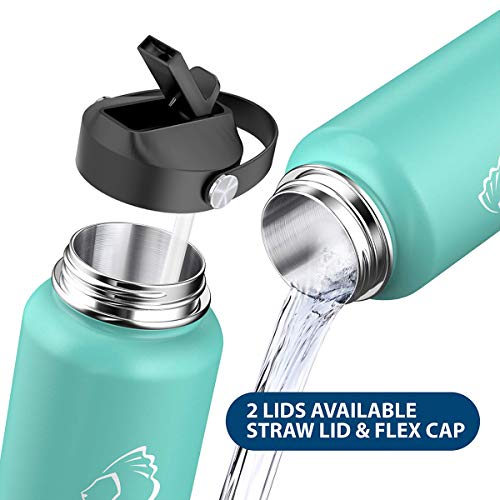 BUZIO Double Wall Stainless Steel Sports Water Bottle, BPA-Free Flex Cap and Straw Lid, 40 Ounces, Mint