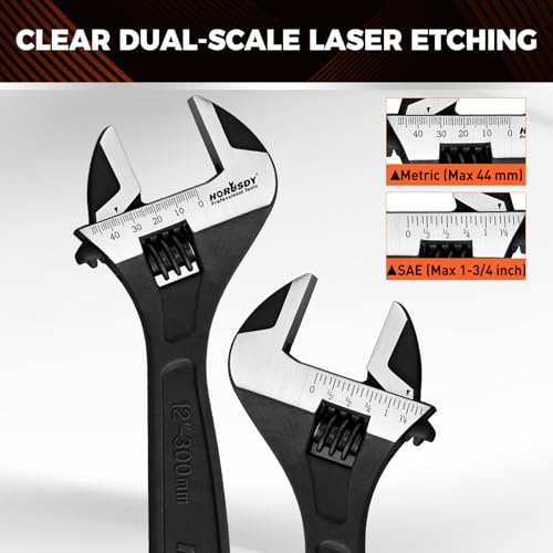 Image of HORUSDY 4-Piece Adjustable Wrench Set With 4-Piece Magnetic Wrench Organizer Racks, 6 inch 8 inch 10 inch Wide Jaw Black Oxide Wrenches with Tool Roll Pouch, Metric&SAE Scales, CR-V Steel for Home Garage Workshop