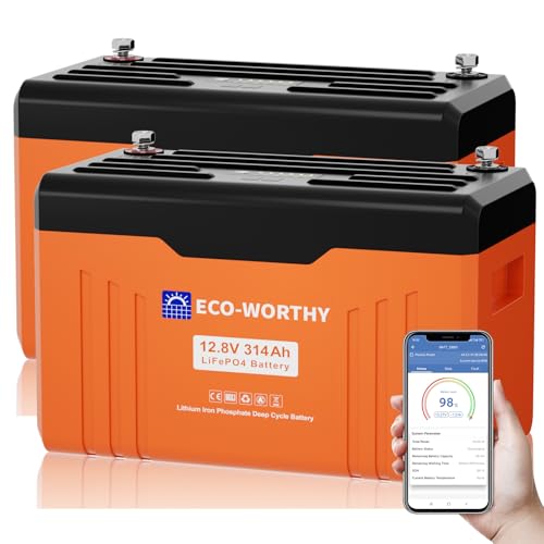 ECO-WORTHY LiFePO4 Bluetooth 2 * 12V 314Ah EnergyTrek mit Display Lithium Batterie mit 200A BMS Low Temperature Schutz und Max. 15000 Zyklens 8038Wh LiFePO4 12V für Wohnmobil Solarpanel