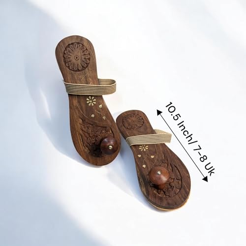 Image of Khadau Chappal for Men | Wooden Charan Paduka for Puja, Wearable Wooden Chappal Eco-Friendly (Rosewood) (6UK, Strap-WEAR)