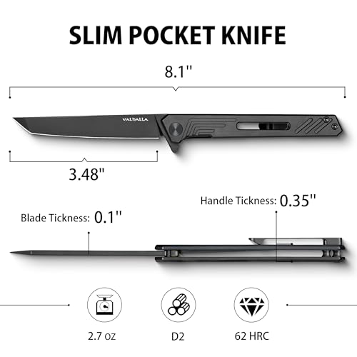 Image of VALHALLA Slim EDC Pocket Knife, 3.48'' D2 Steel Tanto Folding Knife | Compact Work Knife, Pocket Knife For Men with Clip, Frame Lock, Gift For Men Women