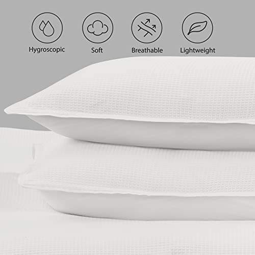 Tillyou 100% Washed Cotton Waffle Woven Duvet Cover 3-Piece Luxurious Soft Bedding Set, Queen Size, Solid Patterned Duvet Cover(90 * 90, White) #TOP4