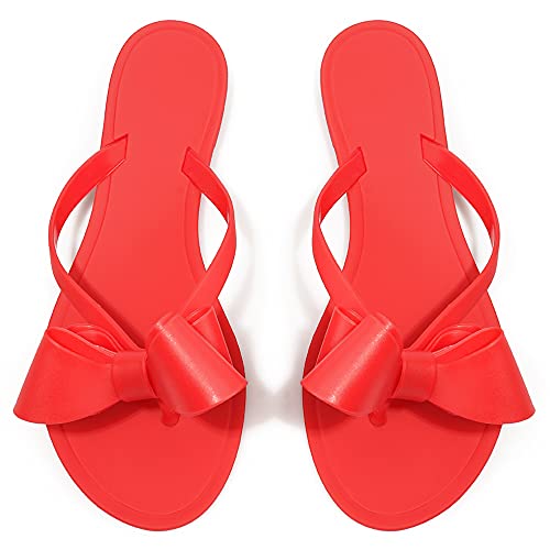 Image of TYFLOVE Women Rivet Flip Flops Studded Jelly Thong Sandals with Bow Summer Bowtie Flat Beach Rain Shoes