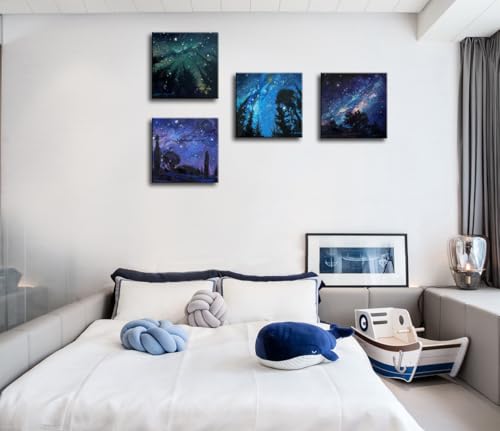 Image of Blue Starry Night Canvas Wall Art Forest Tree Paintings Decor Abstract Nature Landscape Artwork Poster Prints Colorful Space Northern Lights Pictures Decoration for Bedroom Living Room Bathroom Office