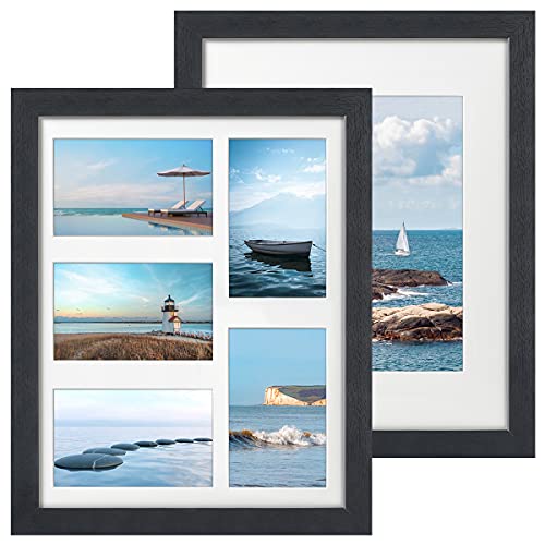 Q.Hou 11x14 Picture Frame Black Wood Set of 2, Each Frame with 2 Mat, Display 8x10 Photos or Five 4x6 Photos with Mat & 11x14 Photos Without Mat for Wall Mount (QH-PF11X14-BK)