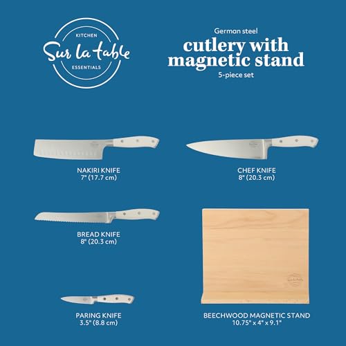 Sur La Table Kitchen Essentials 5 Piece German Steel Blade w/Triple Riveted Handle Set on Beechwood Magnetic Block - Linen White image 3
