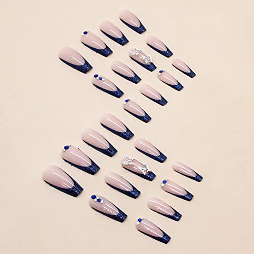 Imsohot IMCRJ852 Long Press On Nails Coffin French Tip Fake Nails Blue Butterfly Rhinestone False Nails thumb #1