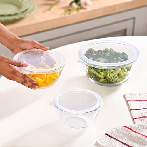 Image of Nestasia Borosilicate Glass Mixing Bowls with Lids Set of 3 (500ml, 1000ml, 1600ml), Microwave & Oven Safe, Dishwasher & Freezer Safe Glass Serving & Storage Bowls for Kitchen