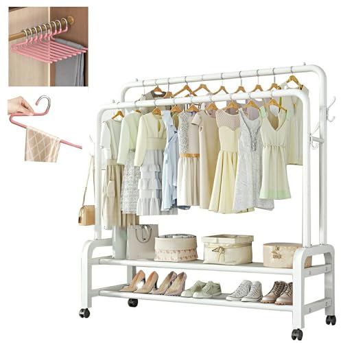 Portant à vêtements robuste avec penderie double et roulettes