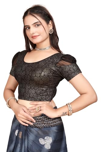 Image of SFT Women's Organza Patch Readymade Saree Blouse with Round Neck Half Sleeves Abstract Pattern Pull On Closure Regular Fit and Standard Length