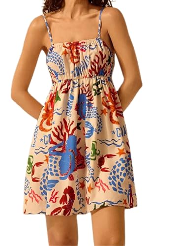 Image of NUFIWI Women Boho Graffiti Cami Mini Dress Spaghetti Strap Printed A Line Short Dress Backless Cut Out Colorful Sundress