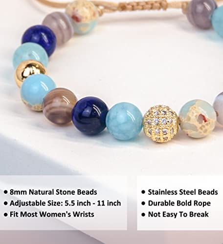 Gloquat Tiger Eye Gemstones Beaded Bracelets For Women, Turquoise Healing Bracelets Adjustable, Natural Agate Stone Bracelet Gifts For Mom Wife Auntie Friend Sister,8Mm Round Beads #TOP2