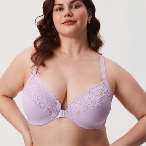 Image of DELIMIRA Women's Front Closure Racerback Bras | Plus Size, Full Coverage, Lace, Underwire, No Padding Unlined