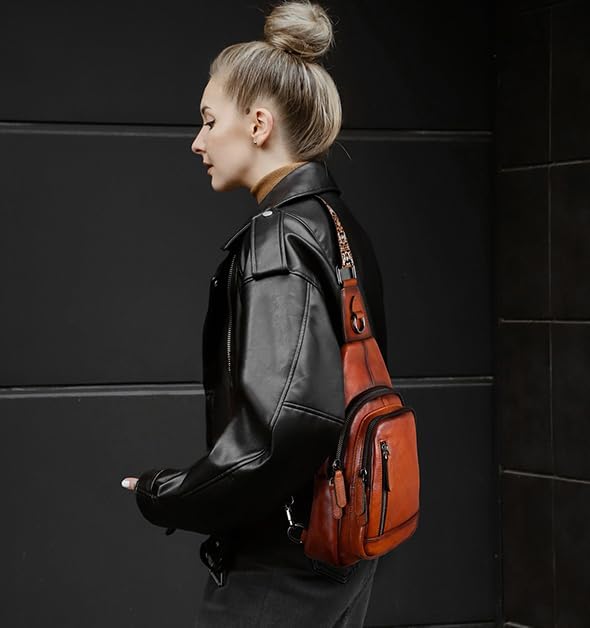 HESHE Leather Sling Bag for Women Crossbody Bags with Multi-Pocket Stylish Fanny Packs for Travel Chest Bag - Image 2