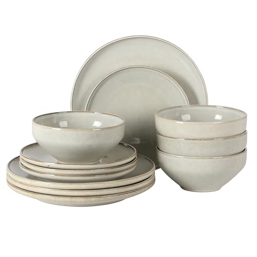 Image of Gibson Elite White Sands Plates and Bowls Sets, 12-Piece Stoneware Dinnerware Sets, Reactive Glaze Dish Set - Moonstone White