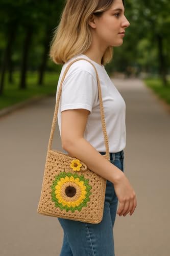 Image of Handmade Crochet Sunflower Crossbody Bag, 15 cm x 17 cm, Beige with Yellow Flower Design