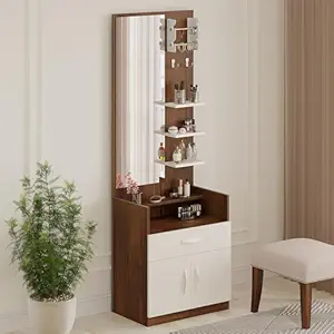 BLUEWUD Darci Engineered Wood Wall Mount/Floor Standing Dressing Table Organizer Makeup Vanity with Mirror Storage Shelves, Bangle Holder & Hooks for Bedroom Home Furniture (Brown Maple & White)