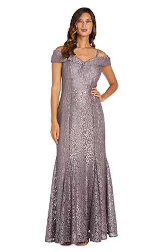 Image of R&M Richards Women's Off The Shoulder Formal Gown - Glitter Lace Mermaid Evening Dress for Wedding Guest & Cocktail Attire