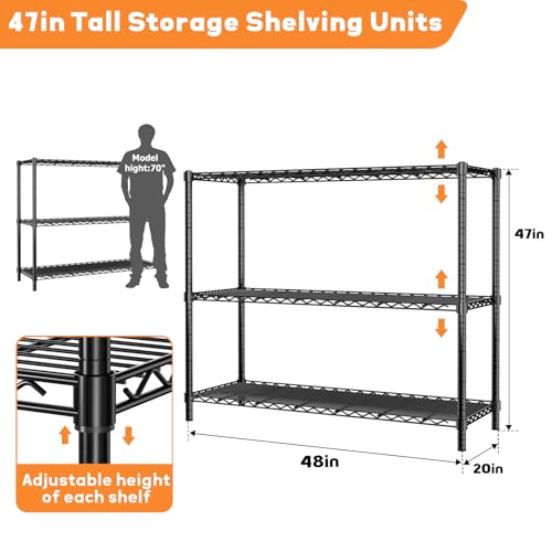 Image of ROOMTEC 3-Tier Wire Shelving Unit,48 inch W*20 inch D*47 inch H,Max Load 1200 lbs