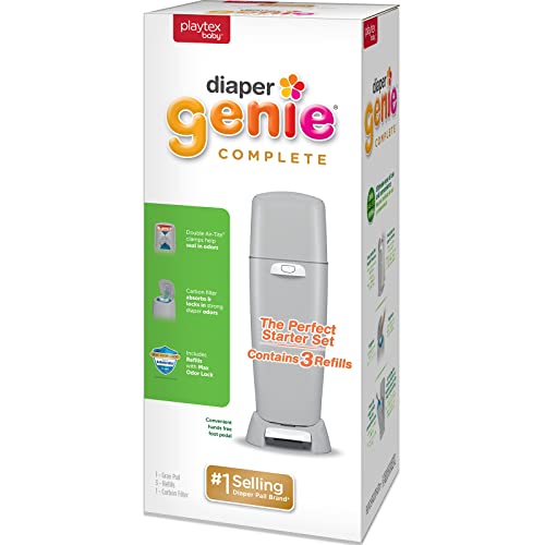 Image of Diaper Genie Complete Pail (Grey) | Odor-Controlling Baby Diaper Disposal System | Includes Diaper Pail & 3 Refill Bags